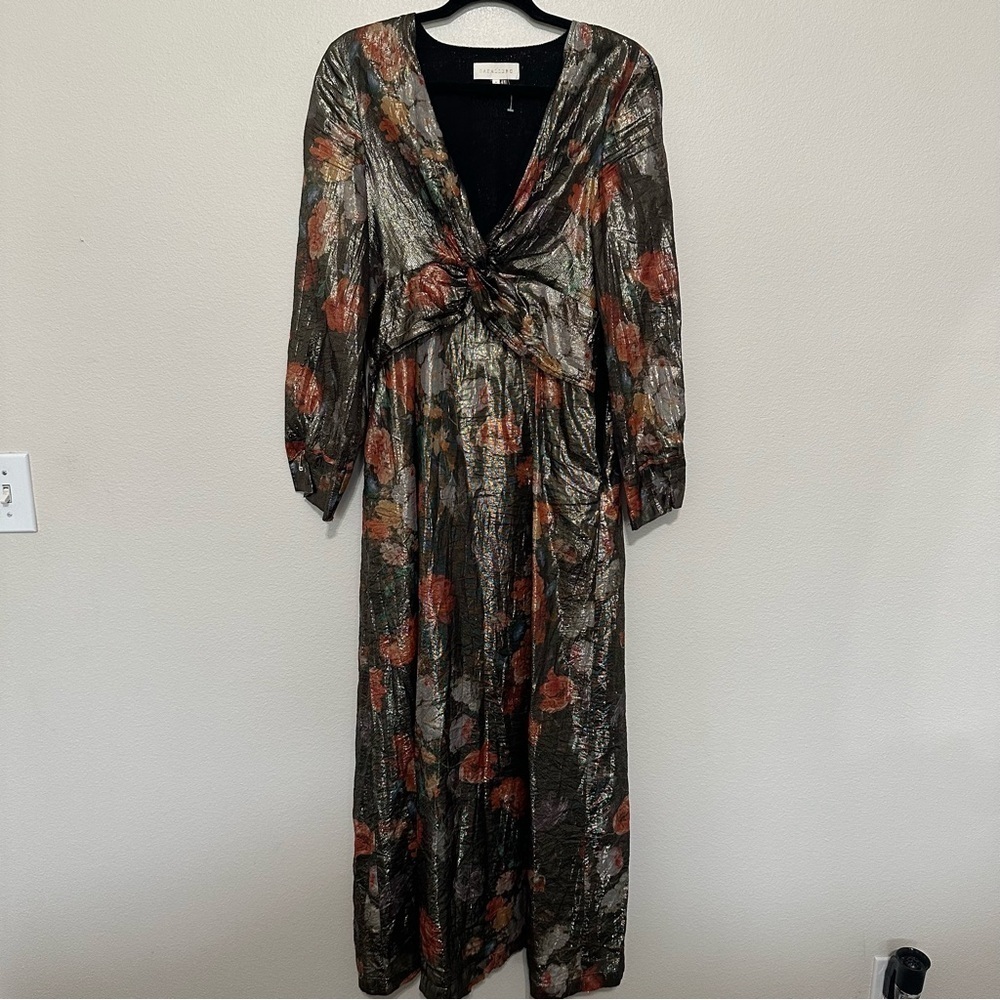 Anthropologie Metallic Floral Maxi Dress - Black, Red, Gold